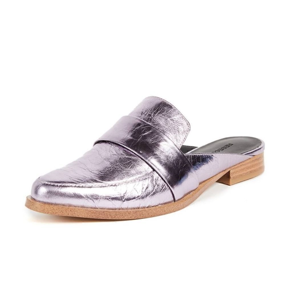 Rebecca Minkoff Mika Metallic Leather Mules Loafer Slides 8.5 w Dust Bag